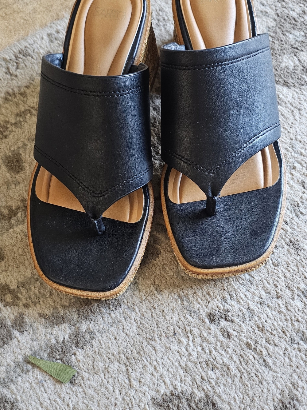 SARTO By Franco Sarto Black Leather Thong Wedge Sandals